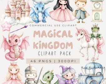 Watercolor Magical Kingdom Clipart: Princess, Dragons, Unicorns PNG Digital Download