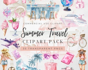 Watercolor Summer Travel Clipart, Holiday Clipart, Travel Clipart, Beach Holiday Clipart, Girl With Suitcase Clipart, Vacation, Pink Travel