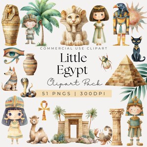 May include: A collection of watercolor illustrations featuring Egyptian-themed clip art. Includes a sarcophagus, sphinx, pharaohs, pyramids, and other ancient Egyptian elements. The text reads "Little Egypt Clipart Pack".