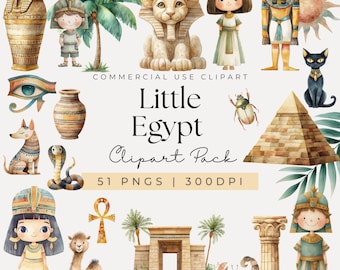 Watercolor Ancient Egypt Clipart: Cleopatra, Pharaoh, Pyramids, 51 Transparent Egyptian PNGS
