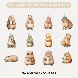 Op de afbeelding: Twaalf aquarel illustraties van capibara's in verschillende poses. Sommige dragen feesthoedjes, houden drankjes vast of lezen. De tekst "24 WATERCOLOR GRAPHICS" staat bovenaan, en "MADEWITHLOVECLIPART" onderaan.