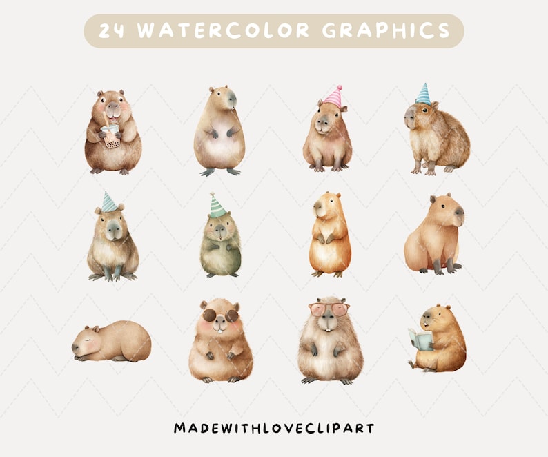 Op de afbeelding: Twaalf aquarel illustraties van capibara's in verschillende poses. Sommige dragen feesthoedjes, houden drankjes vast of lezen. De tekst "24 WATERCOLOR GRAPHICS" staat bovenaan, en "MADEWITHLOVECLIPART" onderaan.