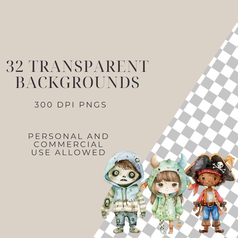 May include: 32 transparent backgrounds, 300 DPI PNGs. Personal and commercial use allowed. Three watercolor illustrations of children dressed in costumes: a zombie, a dragon, and a pirate.