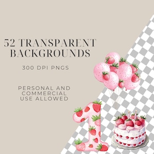 Puede incluir: 52 fondos transparentes con un n&uacute;mero uno rosa, un pastel de fresa y globos rosas con fresas. El texto "52 TRANSPARENT BACKGROUNDS 300 DPI PNGS PERSONAL AND COMMERCIAL USE ALLOWED" est&aacute; en la imagen.