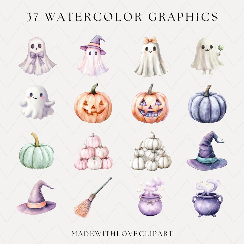 May include: Watercolor graphics featuring Halloween-themed illustrations. The image includes ghosts, pumpkins with carved faces, witch hats, a broom, and a cauldron. The text at the top reads "37 WATERCOLOR GRAPHICS" and the text at the bottom reads "MADEWITHLOVECLIPART".