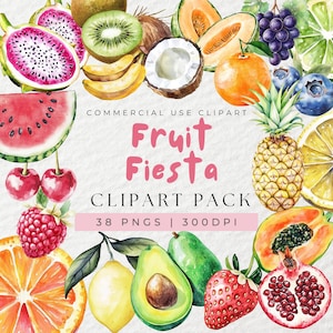 Clipart akwarelowy Fruit Fiesta, Clipart letnich owoców, Ilustracje owoców, Zdrowe jedzenie, Clipart owocowy, Awokado, Jabłko, Owoce cytrusowe PNG