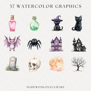 May include: Watercolor graphics featuring Halloween-themed illustrations. Includes a pink potion bottle, a green potion bottle, a black cat wearing a witch hat, a bat, a spider, haunted houses, a tombstone, a skull with a candle, a full moon, and a bare tree.