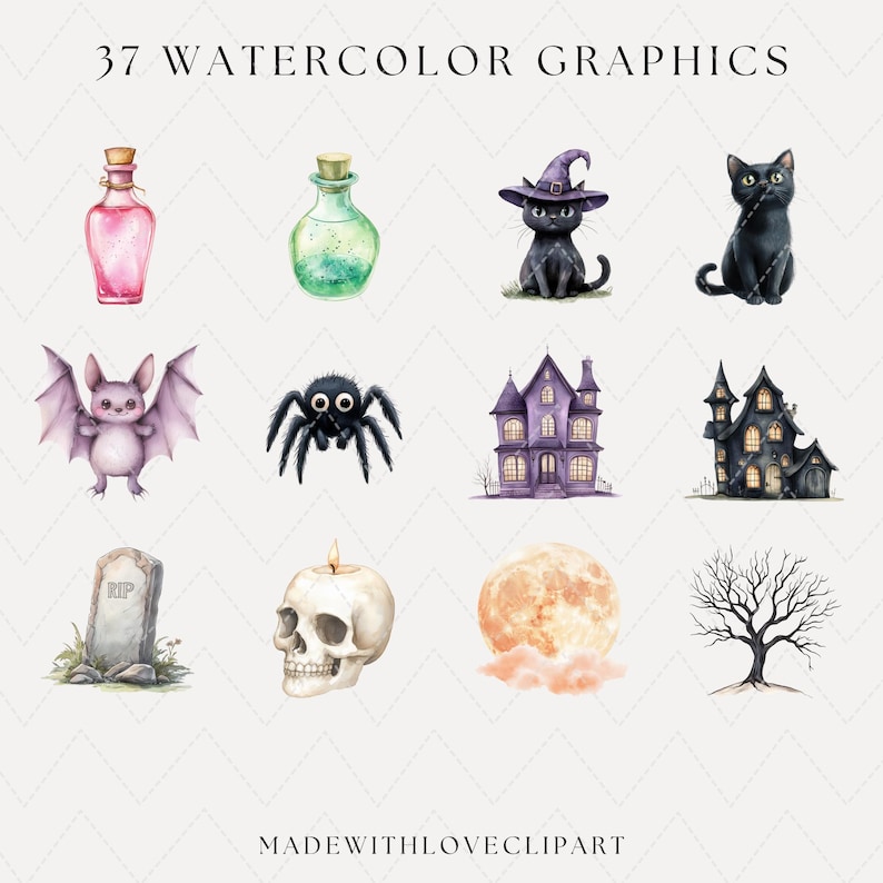 May include: Watercolor graphics featuring Halloween-themed illustrations. Includes a pink potion bottle, a green potion bottle, a black cat wearing a witch hat, a bat, a spider, haunted houses, a tombstone, a skull with a candle, a full moon, and a bare tree.