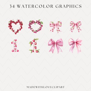 May include: A set of 34 watercolor graphics featuring a heart, the number one, and bows. The heart and number one are made of red cherries, while the bows are pink.