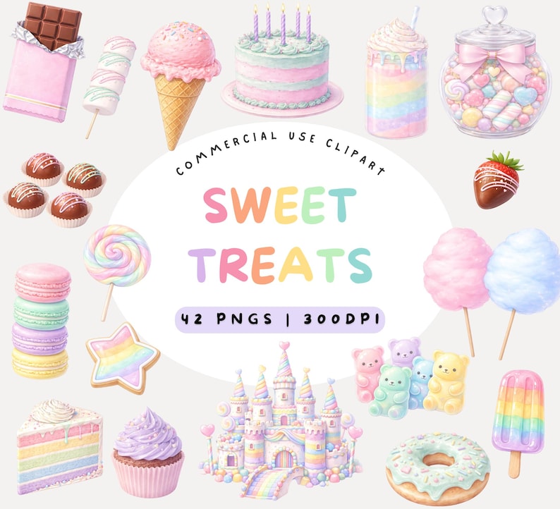 Clipart di dolciumi ad acquerello, Paese delle Caramelle Arcobaleno, Dessert (PNG, Uso Commerciale) immagine 1