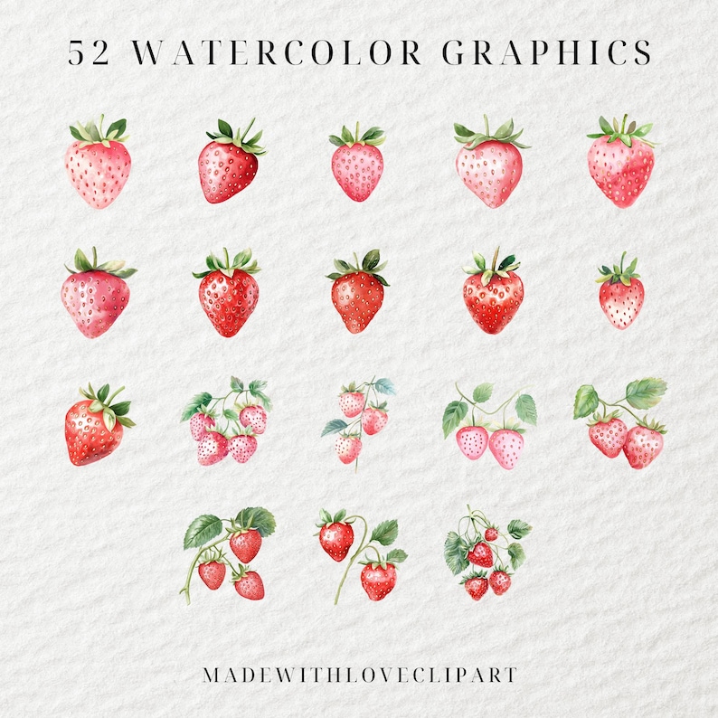 Puede incluir: 52 gr&aacute;ficos de acuarela de fresas. Algunas son fresas individuales, otras son racimos de fresas con hojas verdes.