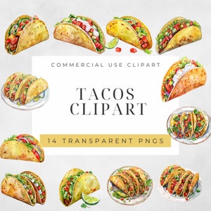 Watercolor Taco Bundle Clipart, Mexican Food Clipart, Mexican Clipart, Mexican Fiesta Clipart, Fast Food Clipart, Mexican Party Clipart, PNG