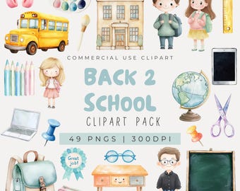 Watercolor Back to School Clipart: Pastel School Supplies PNG Digital Download