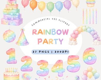 May include: Watercolor clipart set with a rainbow party theme. Includes gift boxes, balloons, a cupcake, candles, a cake, numbers, and the text "RAINBOW PARTY". The set contains 37 PNG files at 300 DPI.