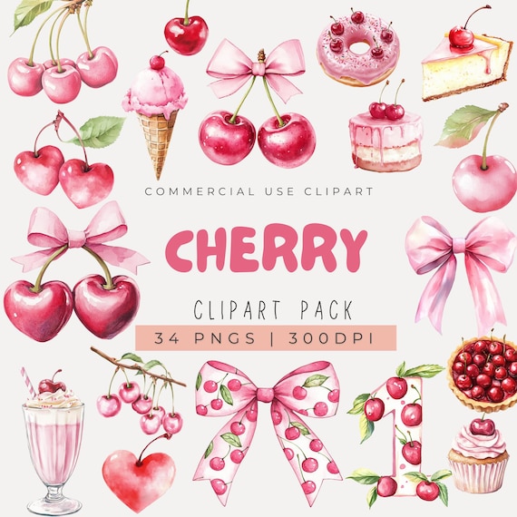 Watercolor Cherry Clipart, Cherry First Birthday Clipart, Cherry Bow Clipart, Cherry Dessert Clipart, Cherry on Top, Fruit Clipart, Cherries