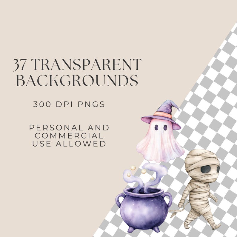 May include: Watercolor illustrations of Halloween-themed characters, including a ghost wearing a witch hat, a mummy, and a bubbling cauldron. The image also includes text that reads "37 Transparent Backgrounds" and "Personal and Commercial Use Allowed."