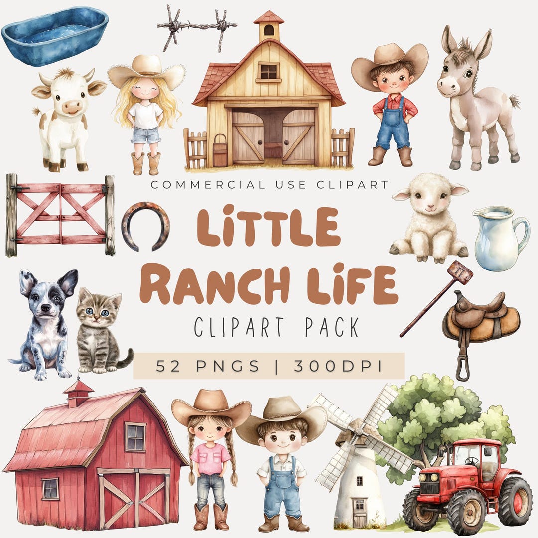 Watercolor Ranch Life Clipart, Cute Farm Clipart, Farm Animals Clipart,  Barn Clipart, Cowboy, Cowgirl, Western Clipart, Horse, Sheep, PNG - Etsy  New Zealand, image size:1080x1080