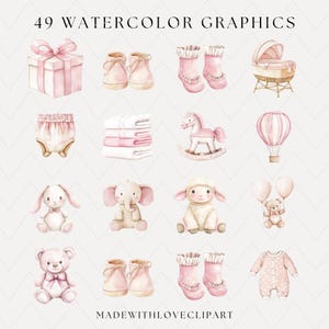 Op de afbeelding: 49 aquarelgrafiek voor babykamerdecoratie voor een meisje. Bevat een roze cadeaudoos, slofjes, sokken, een wieg, een luier, een stapel handdoeken, een schommelpaard, een luchtballon, een konijn, een olifant, een lam, een teddybeer en een rompertje.