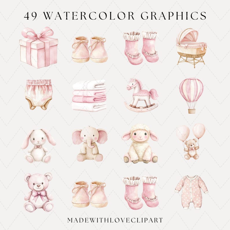 Op de afbeelding: 49 aquarelgrafiek voor babykamerdecoratie voor een meisje. Bevat een roze cadeaudoos, slofjes, sokken, een wieg, een luier, een stapel handdoeken, een schommelpaard, een luchtballon, een konijn, een olifant, een lam, een teddybeer en een rompertje.