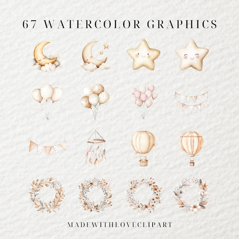 Op de afbeelding: Een set van 67 aquarelgrafieken met verschillende illustraties, waaronder manen, sterren, ballonnen, luchtballonnen, kransen en vlaggen. De illustraties zijn in een zachte, gedempte kleurenpalet van beige, bruin en roze.