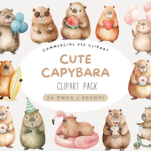 Watercolor Cute Capybara Clipart, Animal Clipart, Capybara Animal, Summer Animal, Capybara Birthday Clipart, Capy Birthday, Cute Rodent, PNG