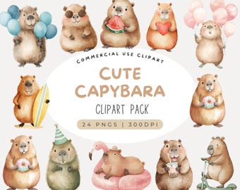 Watercolor Cute Capybara Clipart, Animal Clipart, Capybara Animal, Summer Animal, Capybara Birthday Clipart, Capy Birthday, Cute Rodent, PNG