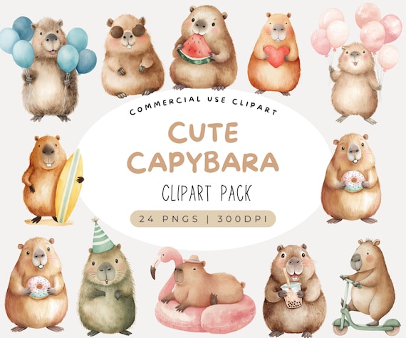 Watercolor Cute Capybara Clipart, Animal Clipart, Capybara Animal, Summer Animal, Capybara Birthday Clipart, Capy Birthday, Cute Rodent, PNG
