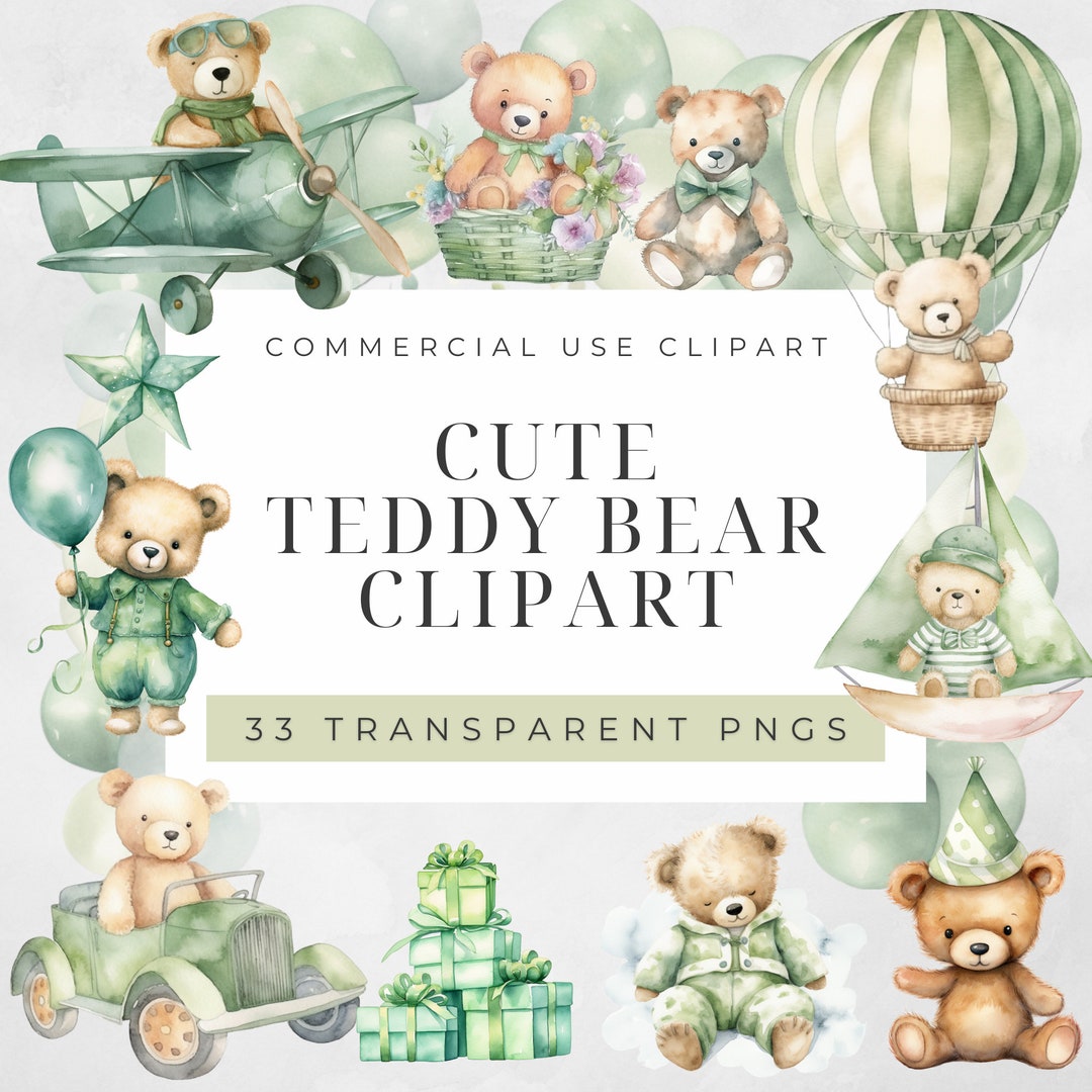 Watercolor Cute Green Teddy Bear Clipart Bundle, Baby Shower Clipart ...