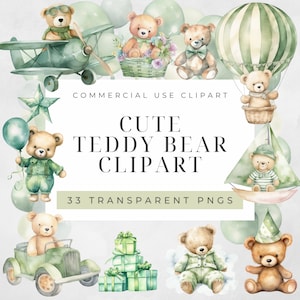 Watercolor Cute Green Teddy Bear Clipart Bundle, Baby Shower Clipart, Nursery Clipart, Bear Hot Air Balloon, Boho, Flying Bear Clipart