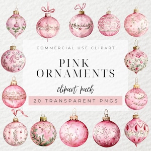Watercolor Pink Christmas Ornament Clipart, Pink Christmas Clipart, Pink Bauble Clipart, Christmas Decorations, Christmas Baubles, PNG