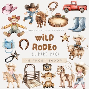 Watercolor Rodeo Clipart, Little Cowboy Clipart Bundle, Cute Cowboy Clipart, Wild West Clipart, First Rodeo Clipart, Cowgirl Clipart, PNG