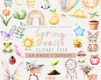 Watercolor Spring Doodle Clipart, Insect Clipart, Baby Animal Clipart, Nursery Decor, Spring Florals, Weather, Garden, Springtime, Planner