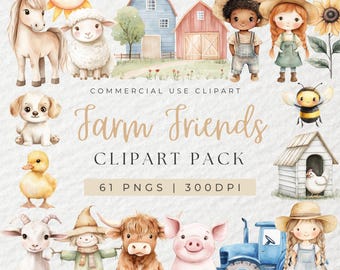 Imágenes prediseñadas de granja linda de acuarela, imágenes prediseñadas de animales de granja, imágenes prediseñadas de vaca de las tierras altas, imágenes prediseñadas de granero, animales bebés de granja, vaca, cerdos, pequeña granja, granjero