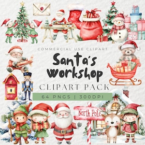 Oficina de aquarela do Papai Noel, clipart de Natal, clipart da vila do Papai Noel, clipart de Natal, rena de Natal, elfo, Papai Noel, brinquedos de Natal