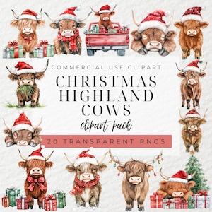 Aquarell Weihnachten Highland Kühe Clipart, süße Highland Kühe Clipart, schottische Kuh, Highland Kuh schlafend, Weihnachtsgeschenke, Tier, PNG
