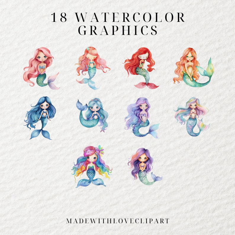 Watercolor Cute Mermaid Clipart Bundle, Mermaid Clipart, Under the Sea Clipart, Pastel Mermaids, Cute Sea Clipart, Starfish, Seashells image 2