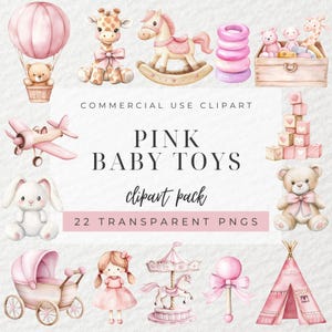 Clipart di giocattoli per bambini rosa acquerello, giocattoli per la cameretta dei bambini, clipart di giocattoli per bambine, clipart di baby shower, giocattoli di legno, clipart di neonati, decorazioni per la cameretta dei bambini