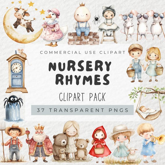 Watercolor Nursery Rhymes Clipart, Fairytale Clipart, Nursery Decor, Children's Storybook Clipart, Humpty Dumpty, Mother Goose, Little Bo