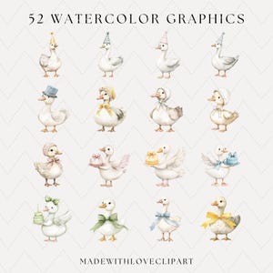 Puede incluir: 52 gr&aacute;ficos de acuarela de gansos lindos en varias poses, incluyendo el uso de sombreros, la celebraci&oacute;n de regalos y el uso de lazos. Los gansos son todos blancos con diferentes acentos de color. Los gr&aacute;ficos son perfectos para agregar un toque de capricho a cualquier proyecto.