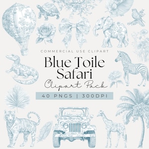 Aquarel blauwe toile de jouy-safari clipart, babyshower chinoiserie clipart, jungledieren, toile bloemen, vintage safaridieren, png