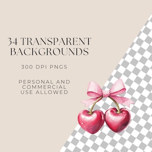 May include: Two red cherries with green stems and a pink bow tied around the stems. The cherries are on a transparent checkered background.
