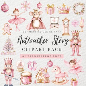 Clipart Schiaccianoci rosa acquerello, Schiaccianoci Natale, Natale rosa, Ballerina, Re dei topi, Clipart di Natale, Natale, Fiaba, PNG