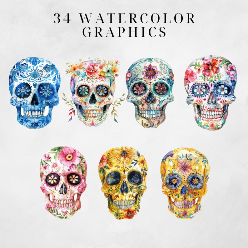 May include: Set of six watercolor illustrations of colorful sugar skulls with floral designs. The skulls are in various colors, including blue, pink, yellow, and white. The flowers are in shades of pink, yellow, and blue.