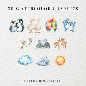May include: A set of 30 watercolor graphics featuring various animals, including penguins, ducks, parrots, dolphins, turtles, deer, a dove, and clouds. The graphics are perfect for adding a touch of whimsy to your designs.
