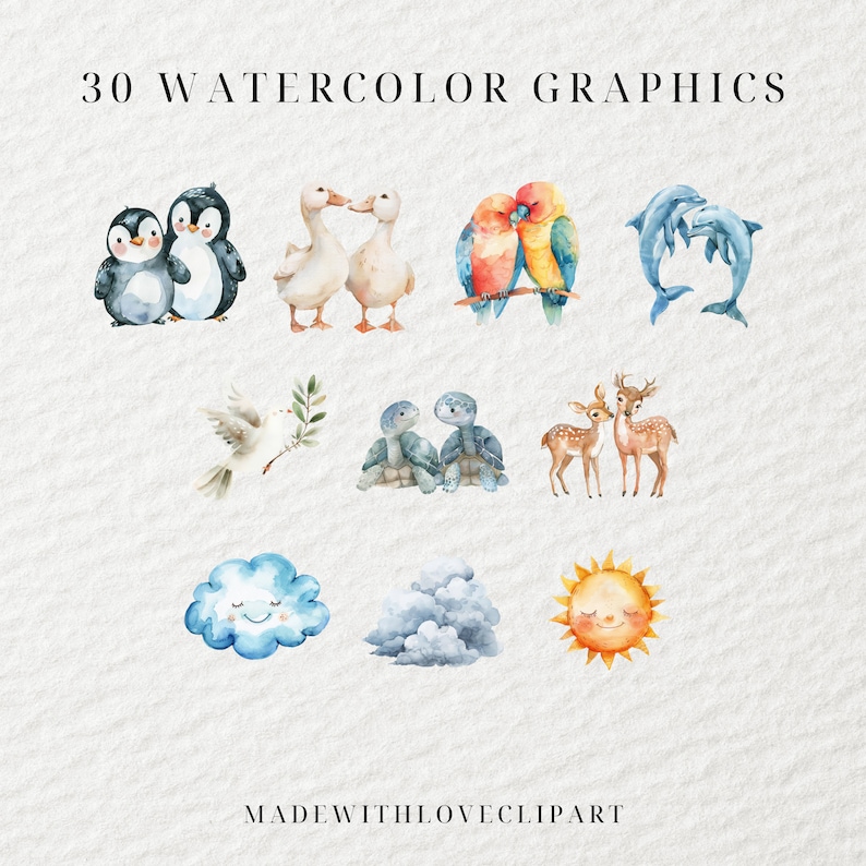May include: A set of 30 watercolor graphics featuring various animals, including penguins, ducks, parrots, dolphins, turtles, deer, a dove, and clouds. The graphics are perfect for adding a touch of whimsy to your designs.