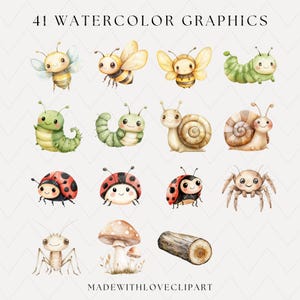 May include: Watercolor graphics featuring various insects and woodland creatures. The collection includes bees, caterpillars, snails, ladybugs, a spider, an ant, a mushroom, and a log. The text "41 WATERCOLOR GRAPHICS" is at the top.