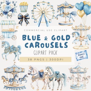 Aquarel blauw en goud paard carrousel clipart, Blue Horse clipart, carnaval clipart, decor van de kinderkamer, babyshower, gouden carrousel pony png