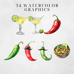 May include: Watercolor illustrations of Mexican food and drinks, including margaritas, guacamole, and chili peppers. The illustrations are in a vibrant green, red, and yellow color palette.