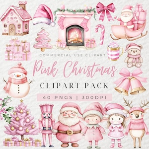 Clipart di Natale rosa acquerello, Clipart di Babbo Natale, Clipart di Natale, Clipart di ornamenti, Renna di Natale, Elfo, Albero di Natale, Schiaccianoci