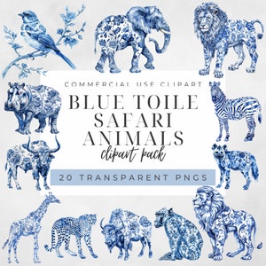 Aquarel blauwe toile safari dieren clipart, toile de jouy clipart, safari babyshower illustraties, blauwe dierlijke clipart, vintage blauwe clipart